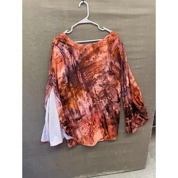 Askari Blouse Womens Large Pink Brown Abstract Flare Sleeve V Neck Art Top USA - Picture 9 of 10